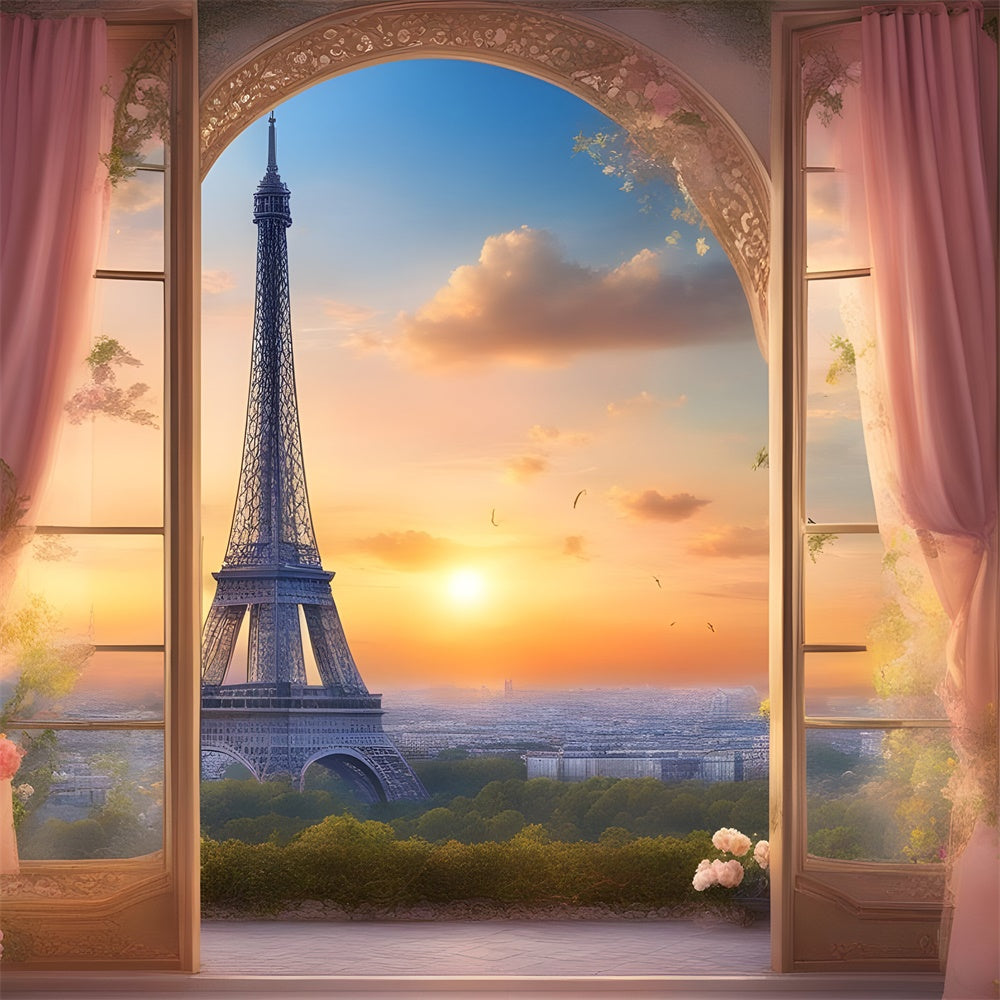 Toile de fond Tour Eiffel Paris Vue Coucher Soleil Rideaux Floraux GQ4-38