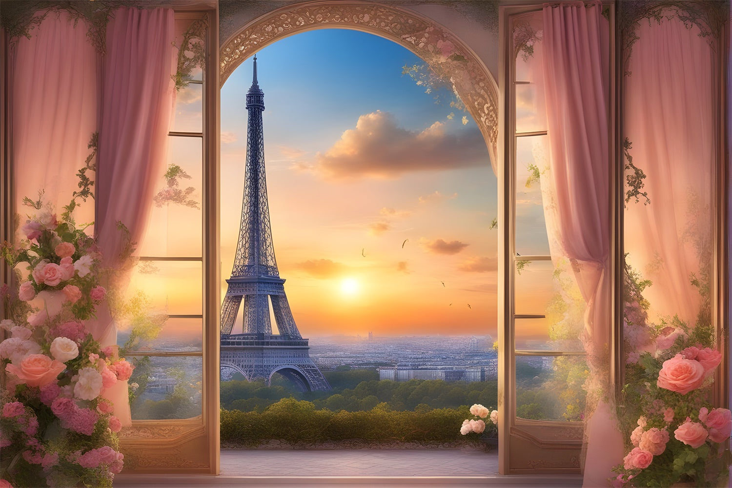 Toile de fond Tour Eiffel Paris Vue Coucher Soleil Rideaux Floraux GQ4-38