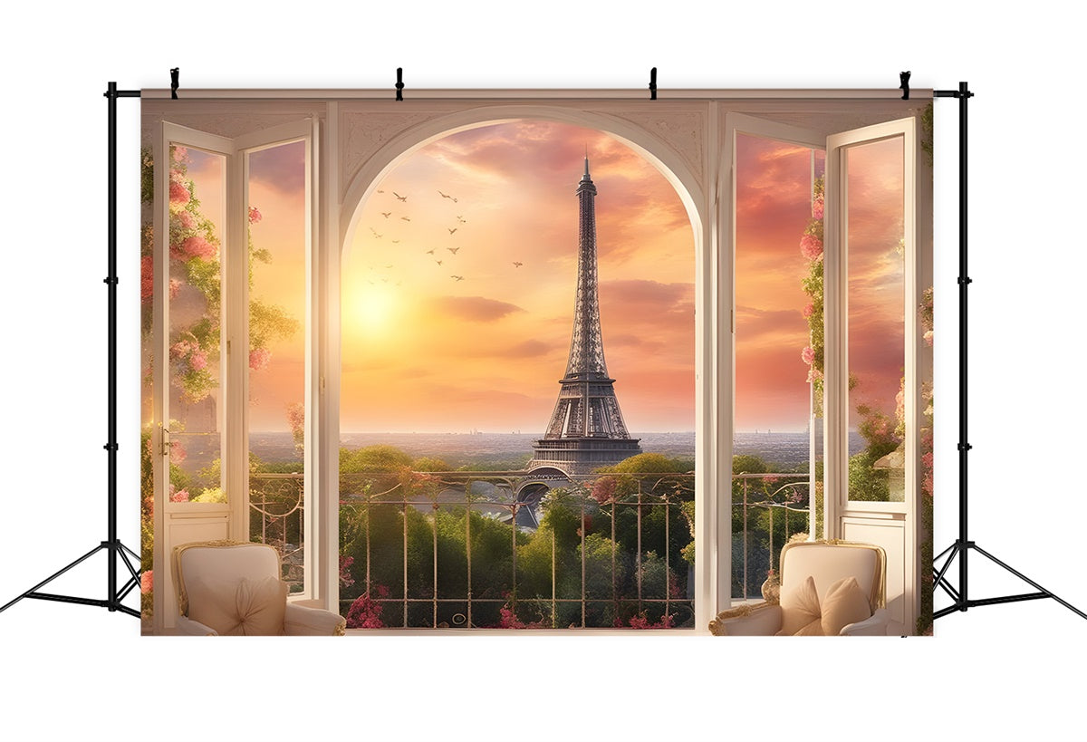 Toile de fond Panorama Parisien Fauteuil Douillet Balcon Coucher Soleil GQ4-39