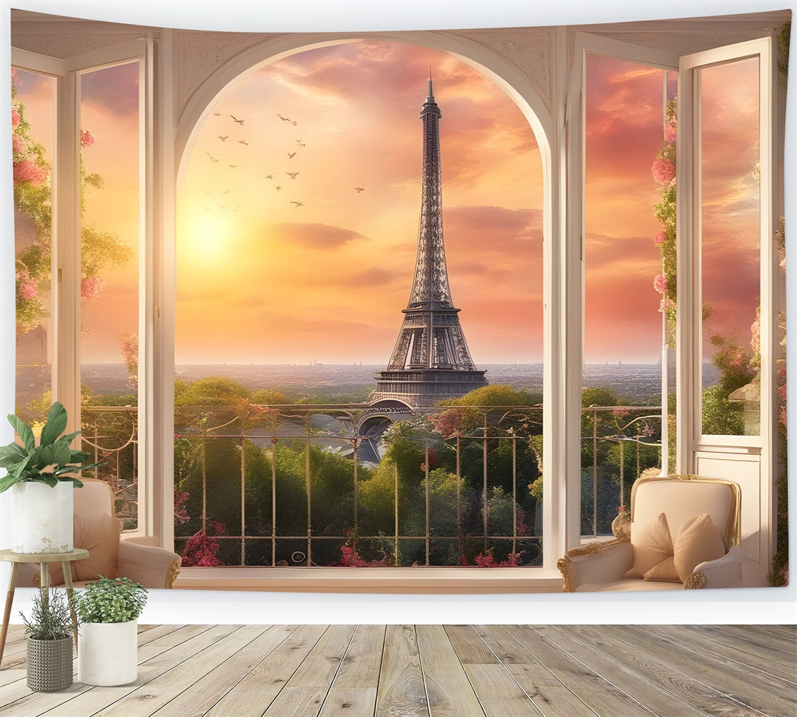 Toile de fond Panorama Parisien Fauteuil Douillet Balcon Coucher Soleil GQ4-39