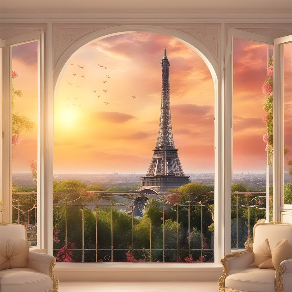 Toile de fond Panorama Parisien Fauteuil Douillet Balcon Coucher Soleil GQ4-39