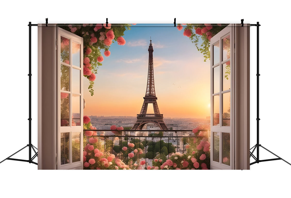 Toile de fond Tour Eiffel Paris Balcon Jardin Coucher Soleil GQ4-41