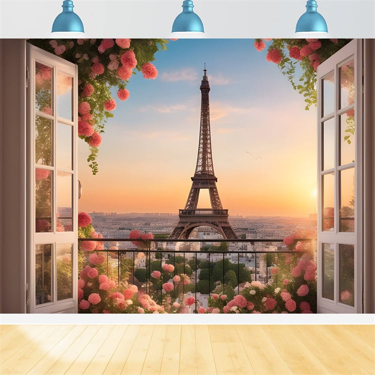 Toile de fond Tour Eiffel Paris Balcon Jardin Coucher Soleil GQ4-41