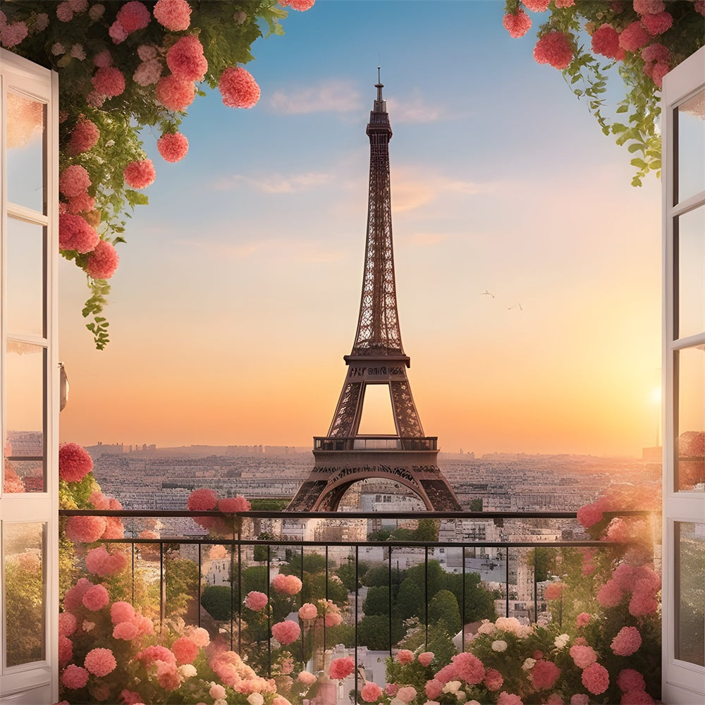 Toile de fond Tour Eiffel Paris Balcon Jardin Coucher Soleil GQ4-41