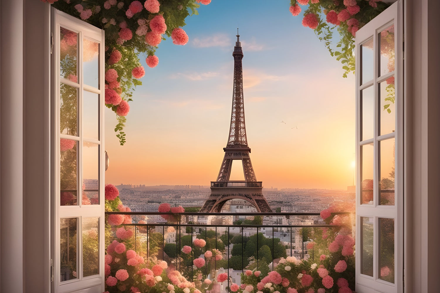 Toile de fond Tour Eiffel Paris Balcon Jardin Coucher Soleil GQ4-41