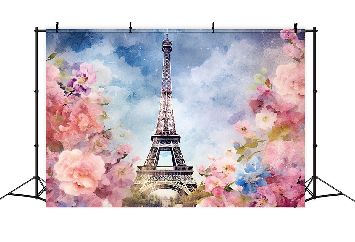 Toile de fond Photo Paris Tour Eiffel Aquarelle Florale GQ4-42