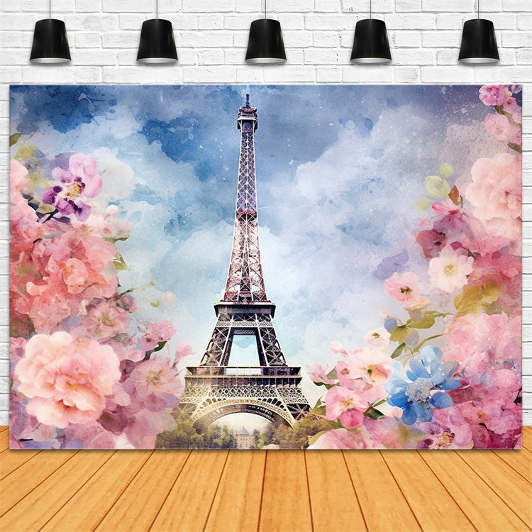 Toile de fond Photo Paris Tour Eiffel Aquarelle Florale GQ4-42