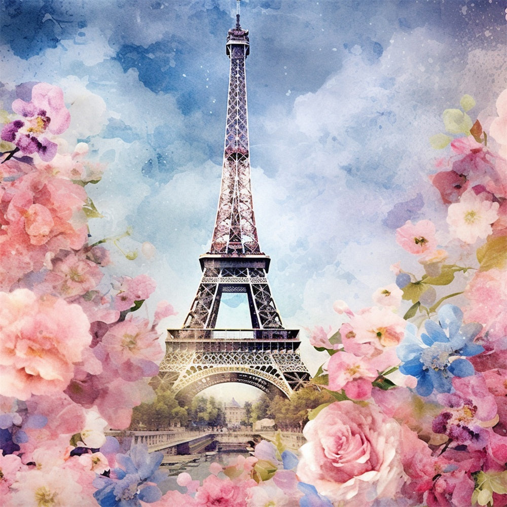 Toile de fond Photo Paris Tour Eiffel Aquarelle Florale GQ4-42