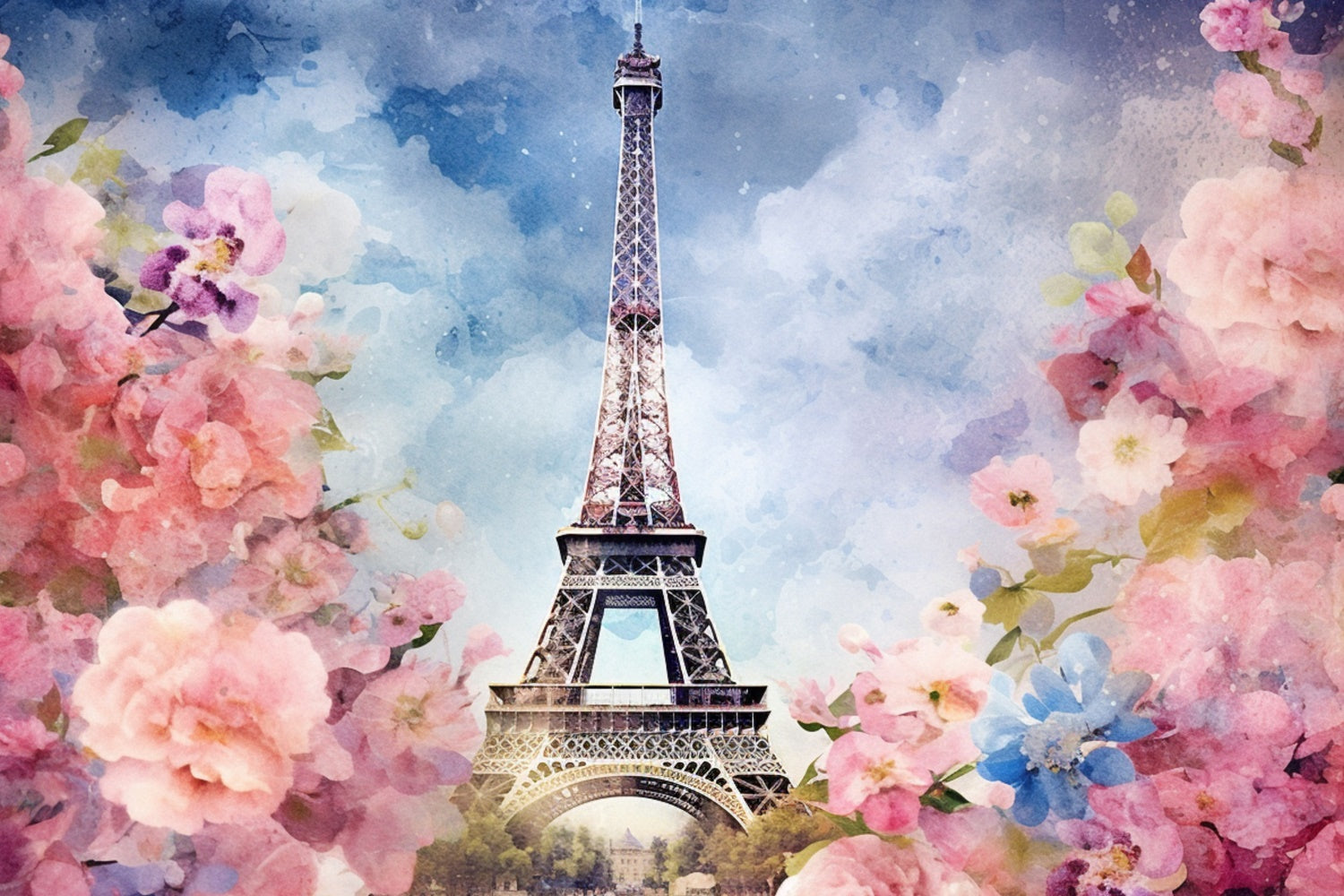 Toile de fond Photo Paris Tour Eiffel Aquarelle Florale GQ4-42