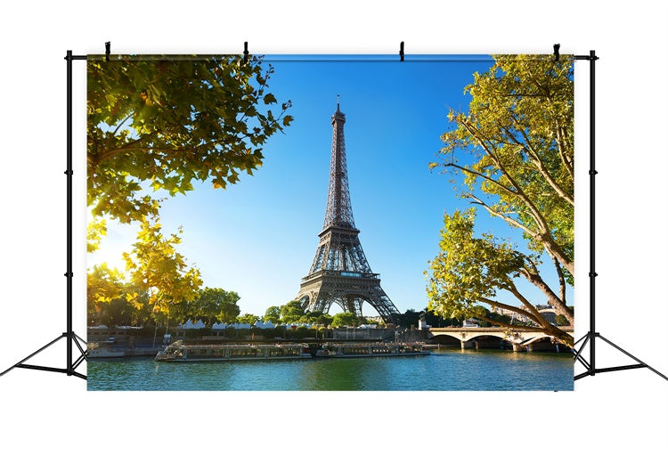 Toile de fond Paris pour Photos Tour Eiffel Ciel Rivière GQ4-45