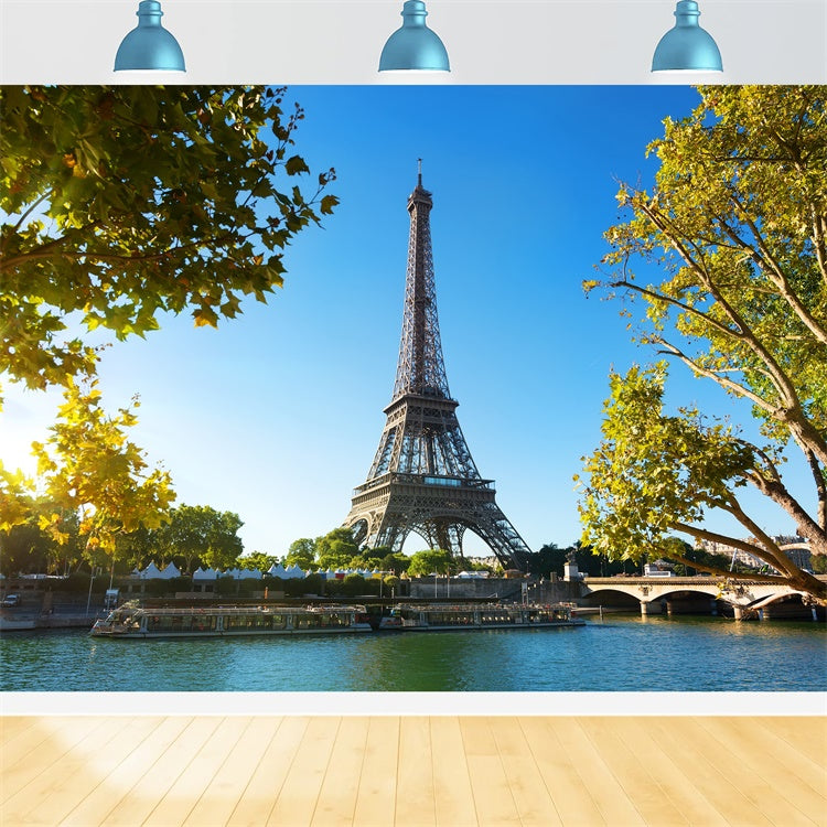 Toile de fond Paris pour Photos Tour Eiffel Ciel Rivière GQ4-45