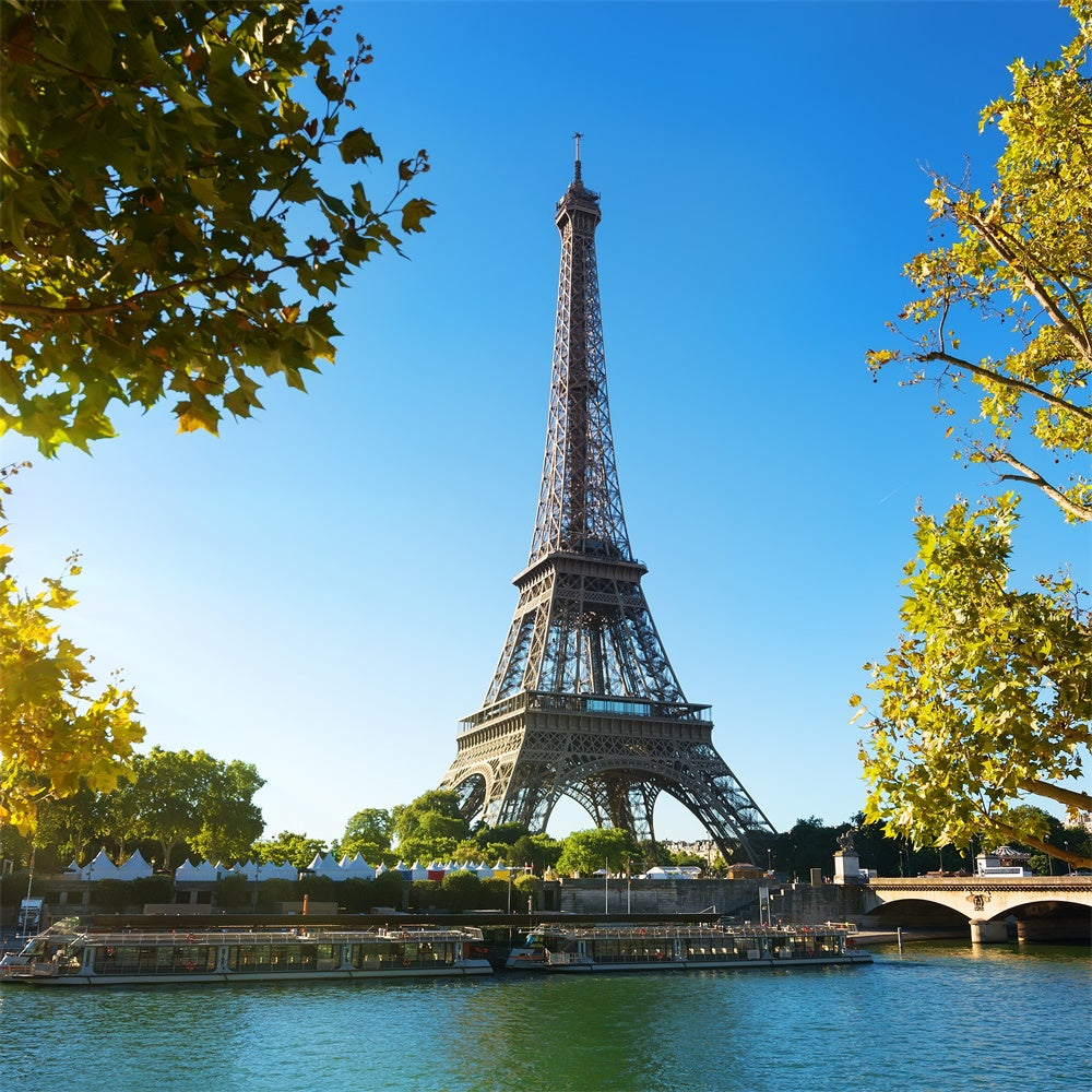Toile de fond Paris pour Photos Tour Eiffel Ciel Rivière GQ4-45