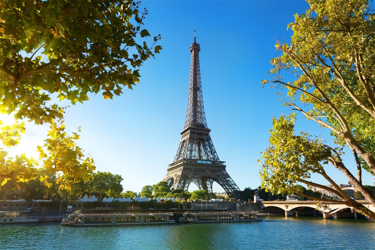 Toile de fond Paris pour Photos Tour Eiffel Ciel Rivière GQ4-45