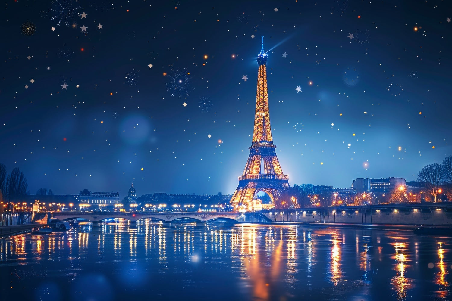 Toile de fond Nuit à Paris Ciel Étoilé Rivière Parisienne GQ4-46
