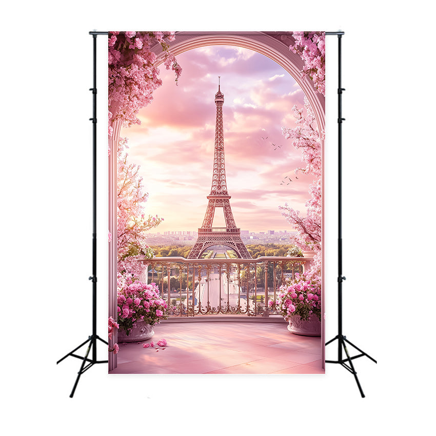 Toile de fond Tour Eiffel Paris Balcon Rose Arche Florale GQ4-52