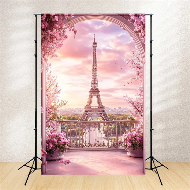 Toile de fond Tour Eiffel Paris Balcon Rose Arche Florale GQ4-52