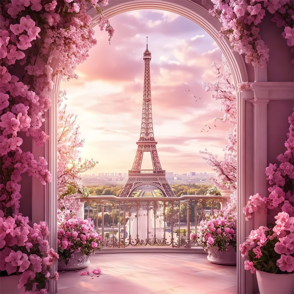 Toile de fond Tour Eiffel Paris Balcon Rose Arche Florale GQ4-52
