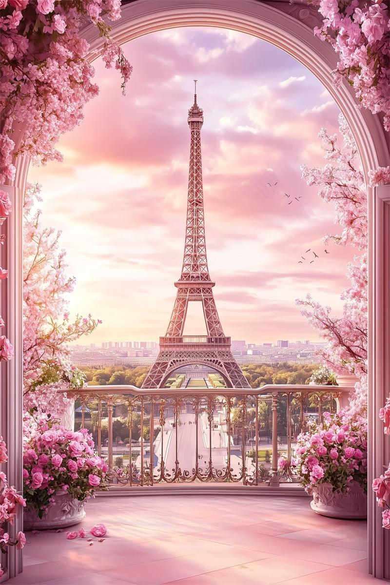 Toile de fond Tour Eiffel Paris Balcon Rose Arche Florale GQ4-52