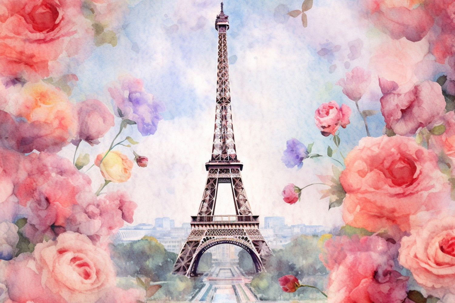 Toile de fond Photographie Paris Fleurs Romantiques Tour Eiffel GQ4-58
