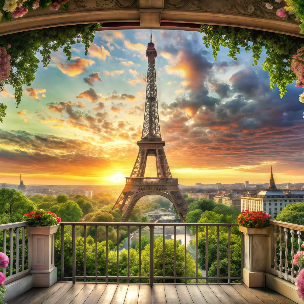 Toile de fond Tour Eiffel Paris Balcon Fleuri Vue Coucher Soleil GQ4-60
