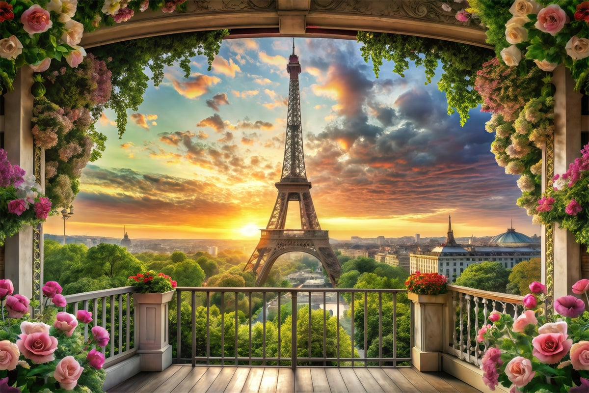 Toile de fond Tour Eiffel Paris Balcon Fleuri Vue Coucher Soleil GQ4-60