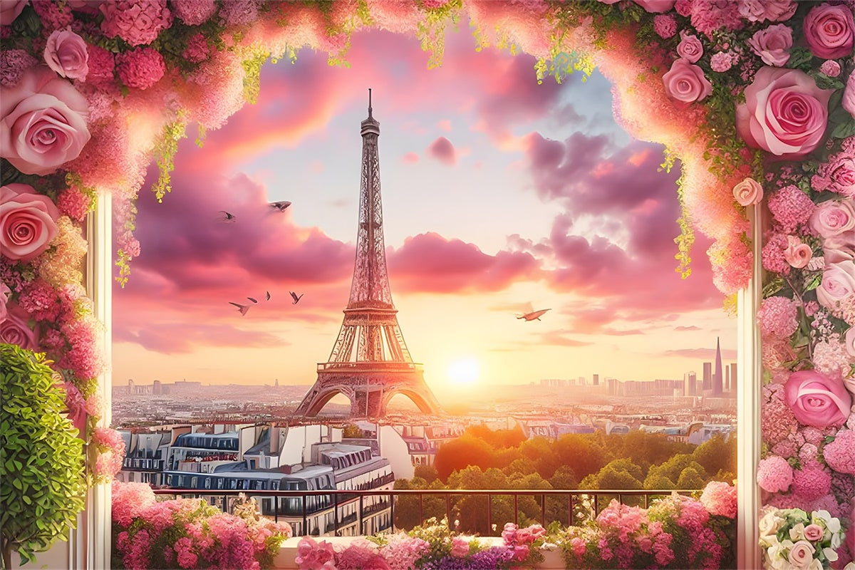 Toile de fond Tour Eiffel Paris Ciel Rose Cadre Fleuri GQ4-61
