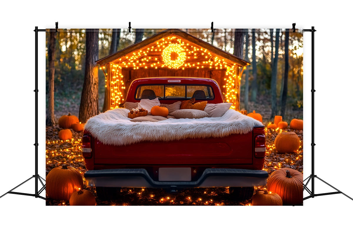 Toile de fond Photo Automne Forêt Camion Rouge Décor Citrouille GQ5-101