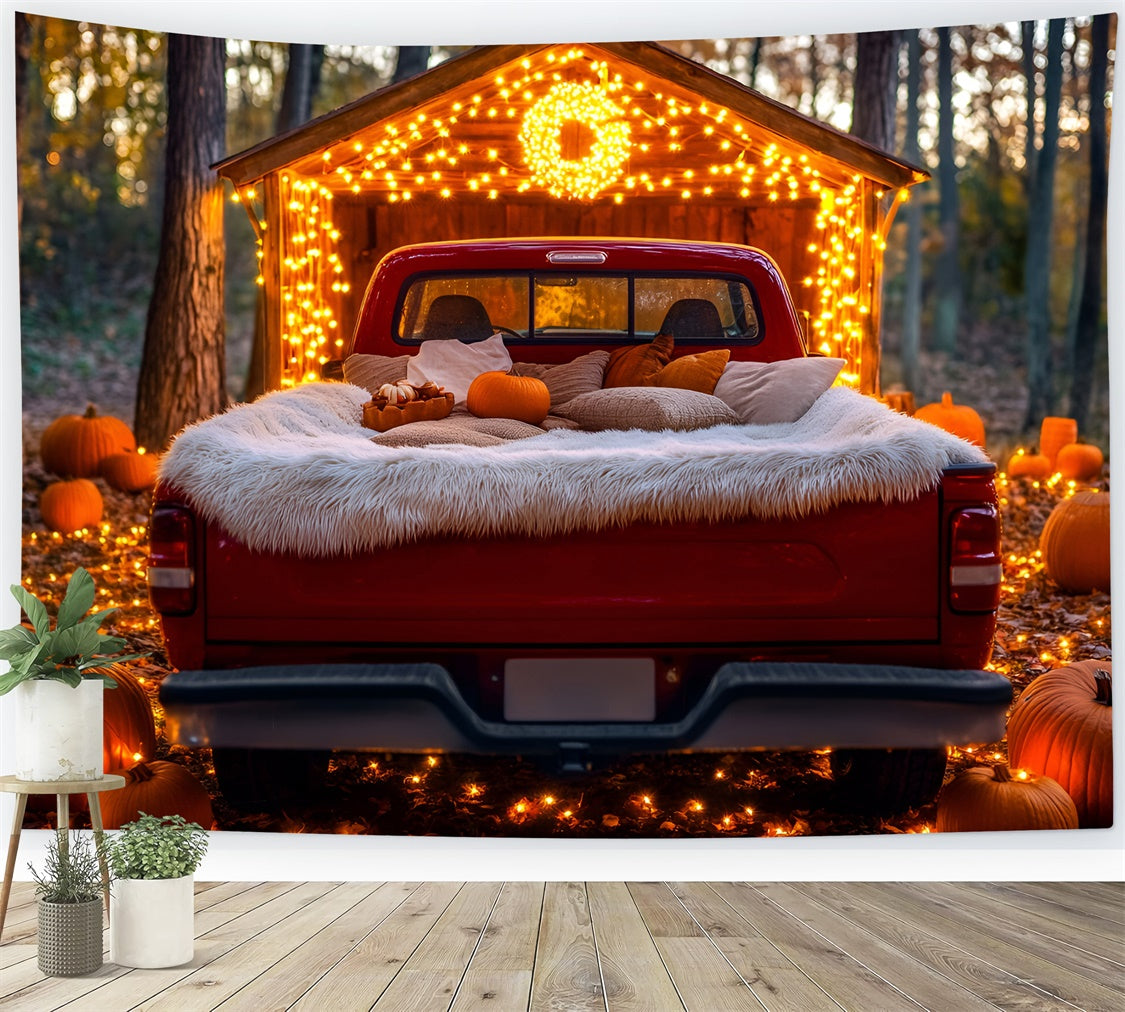 Toile de fond Photo Automne Forêt Camion Rouge Décor Citrouille GQ5-101