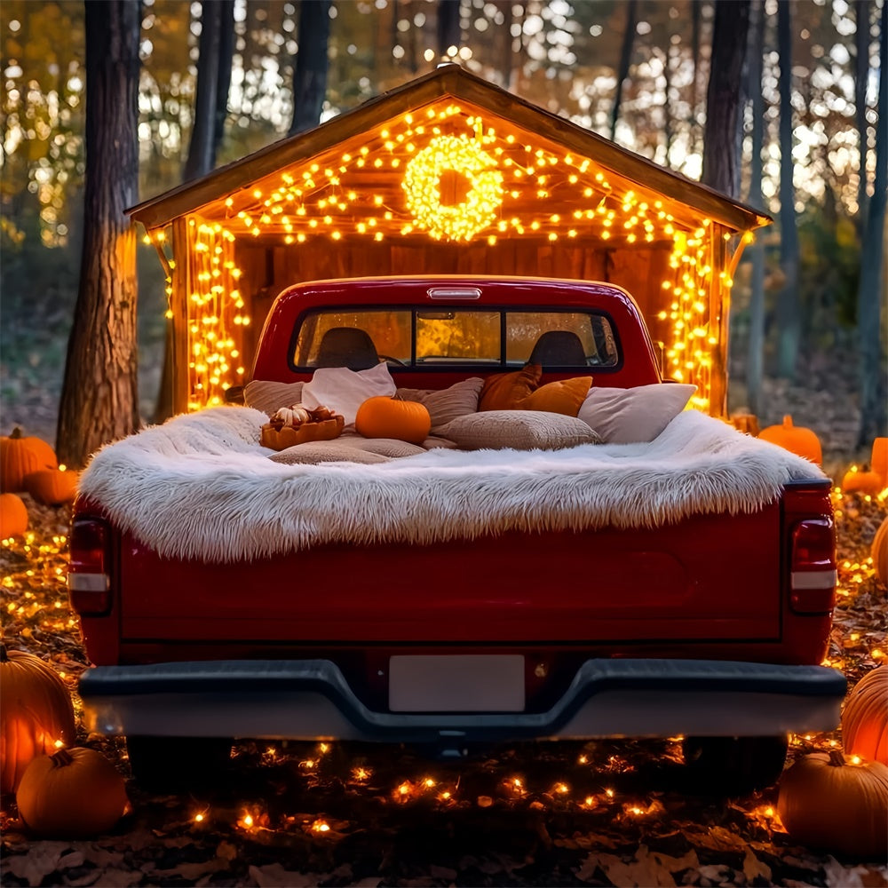Toile de fond Photo Automne Forêt Camion Rouge Décor Citrouille GQ5-101
