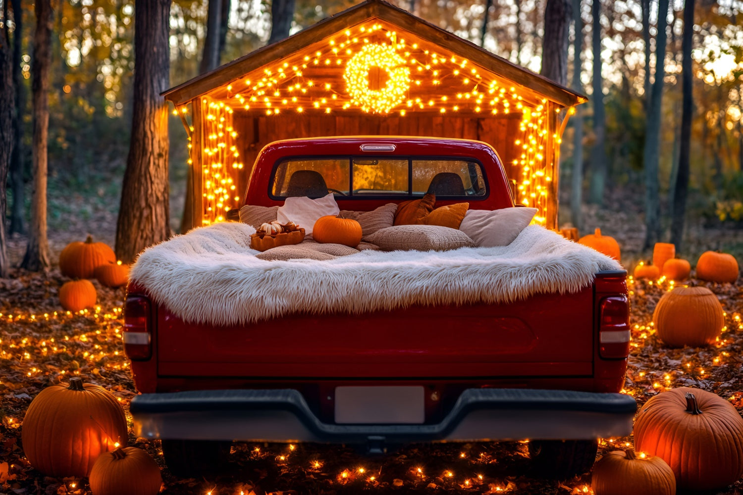 Toile de fond Photo Automne Forêt Camion Rouge Décor Citrouille GQ5-101