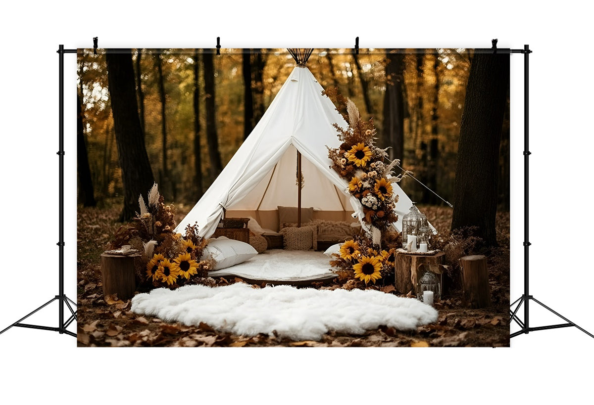 Toile de fond Photo Automne Forêt Tente Forêtière Tournesols GQ5-103