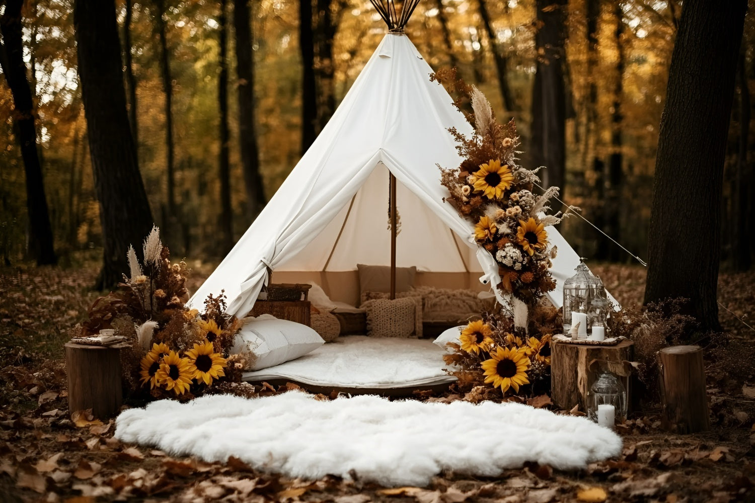 Toile de fond Photo Automne Forêt Tente Forêtière Tournesols GQ5-103