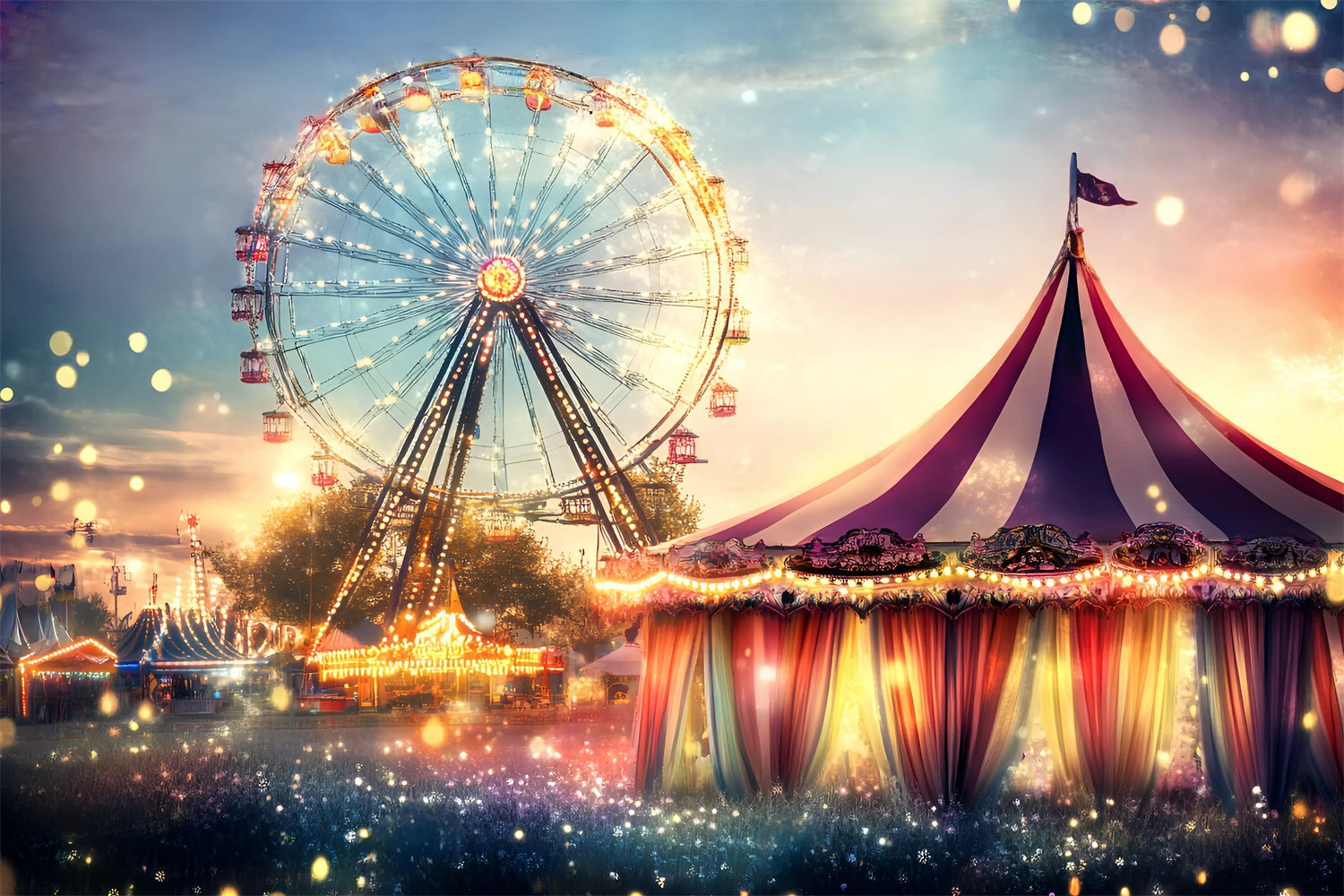 Toile de fond Carnaval Grande Roue Coucher de Soleil Lumineux GQ5-111