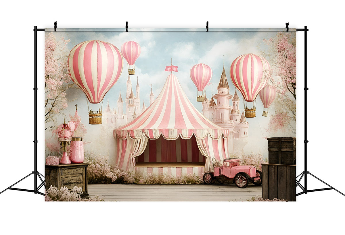 Toile de fond Chapiteau Carnaval Château Rose Ballons Féeriques GQ5-115