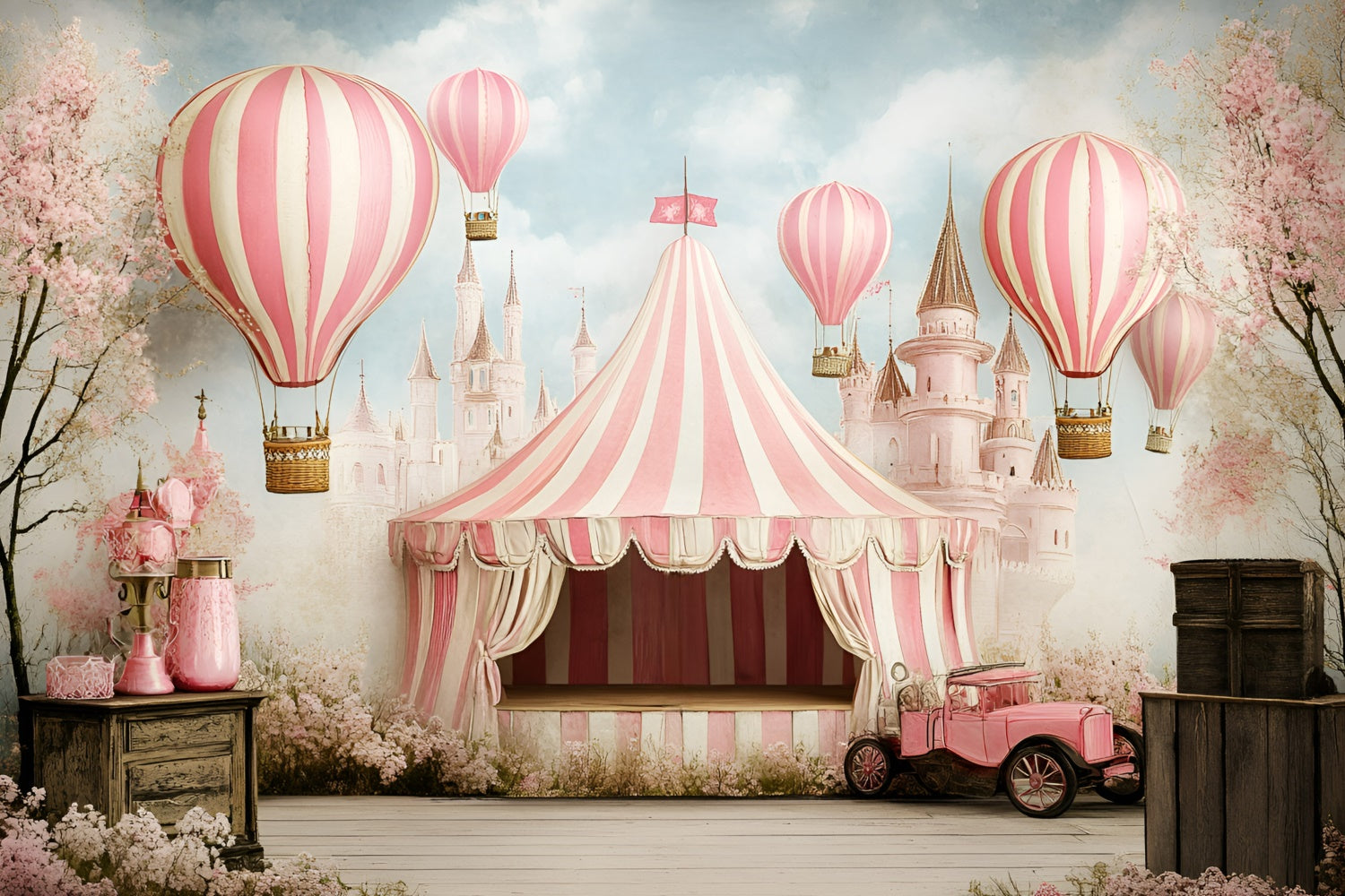 Toile de fond Chapiteau Carnaval Château Rose Ballons Féeriques GQ5-115
