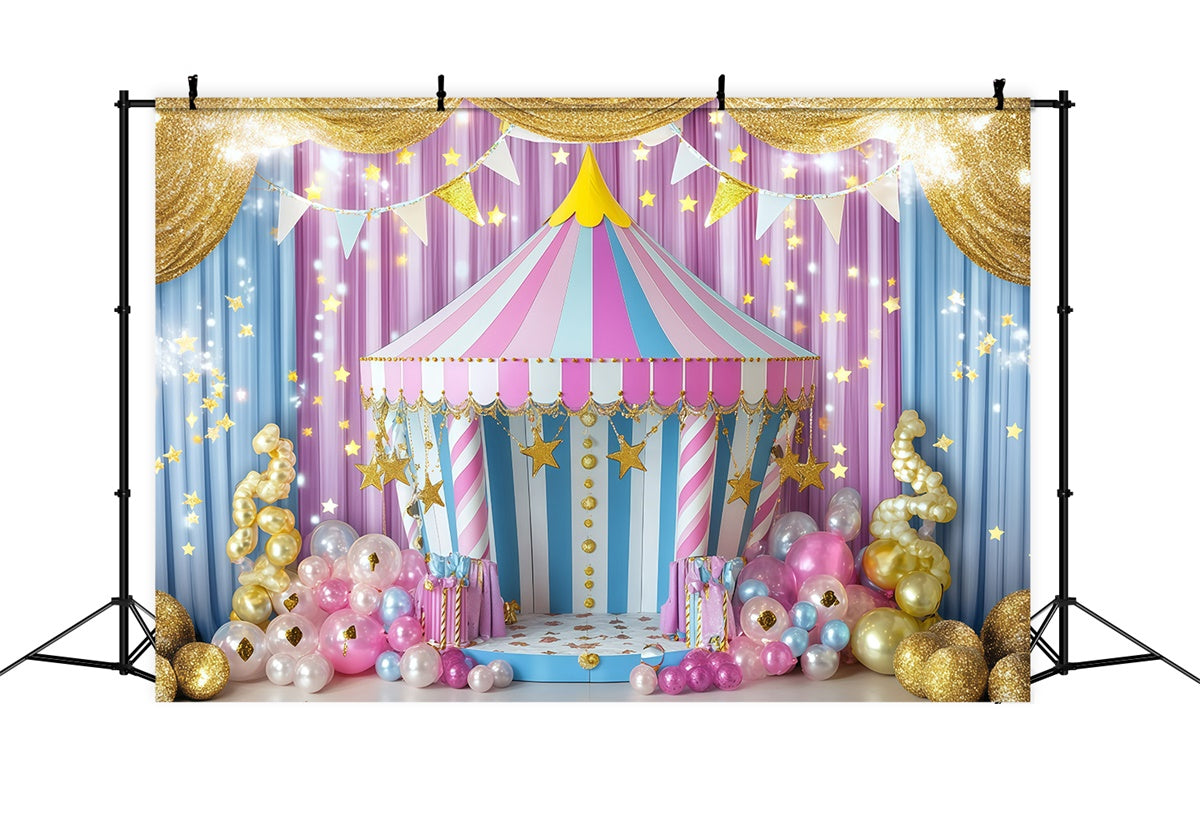 Toile de fond Cirque Tente Rayée Ballons Dorés GQ5-121