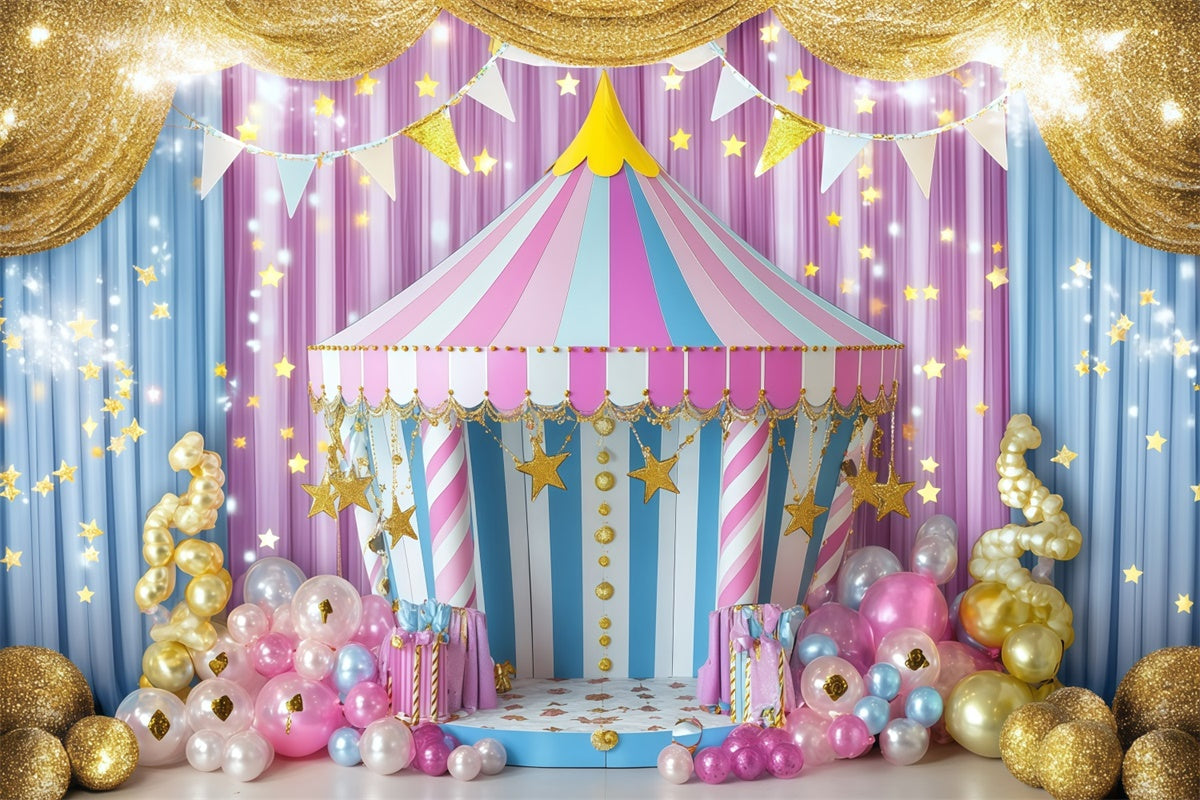 Toile de fond Cirque Tente Rayée Ballons Dorés GQ5-121
