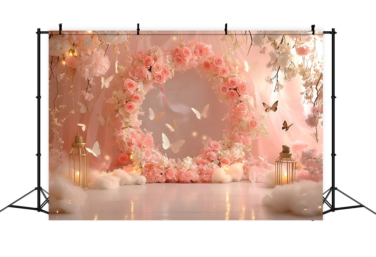 Toile de fond Papillons Anneau Rose Conte de Fées Nouveau-né GQ5-188