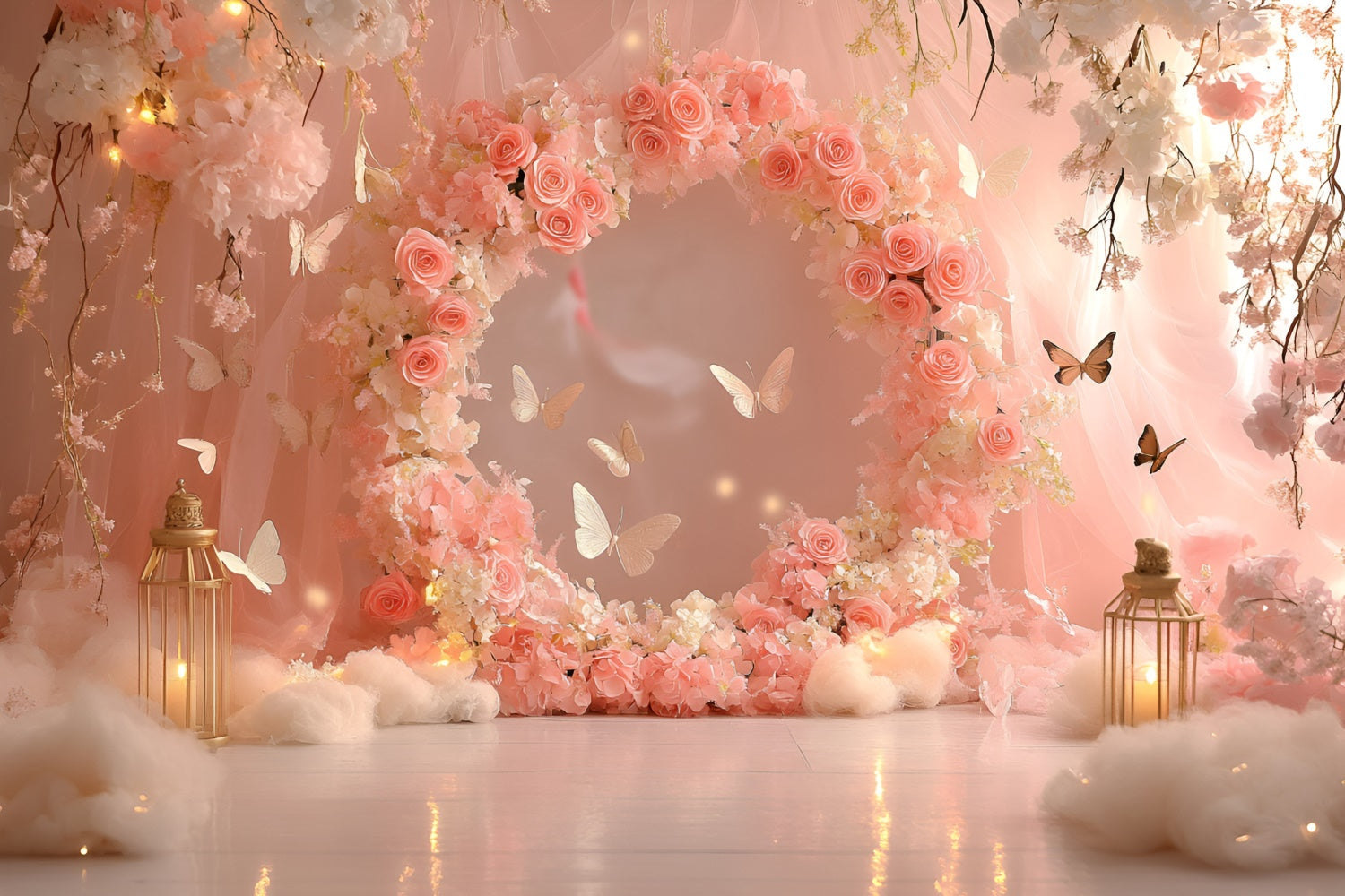 Toile de fond Papillons Anneau Rose Conte de Fées Nouveau-né GQ5-188