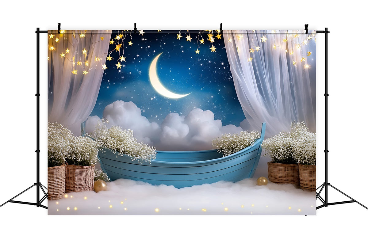 Toile de fond Lune Étoiles Ciel Étoilé Fleurs Enfants GQ5-196