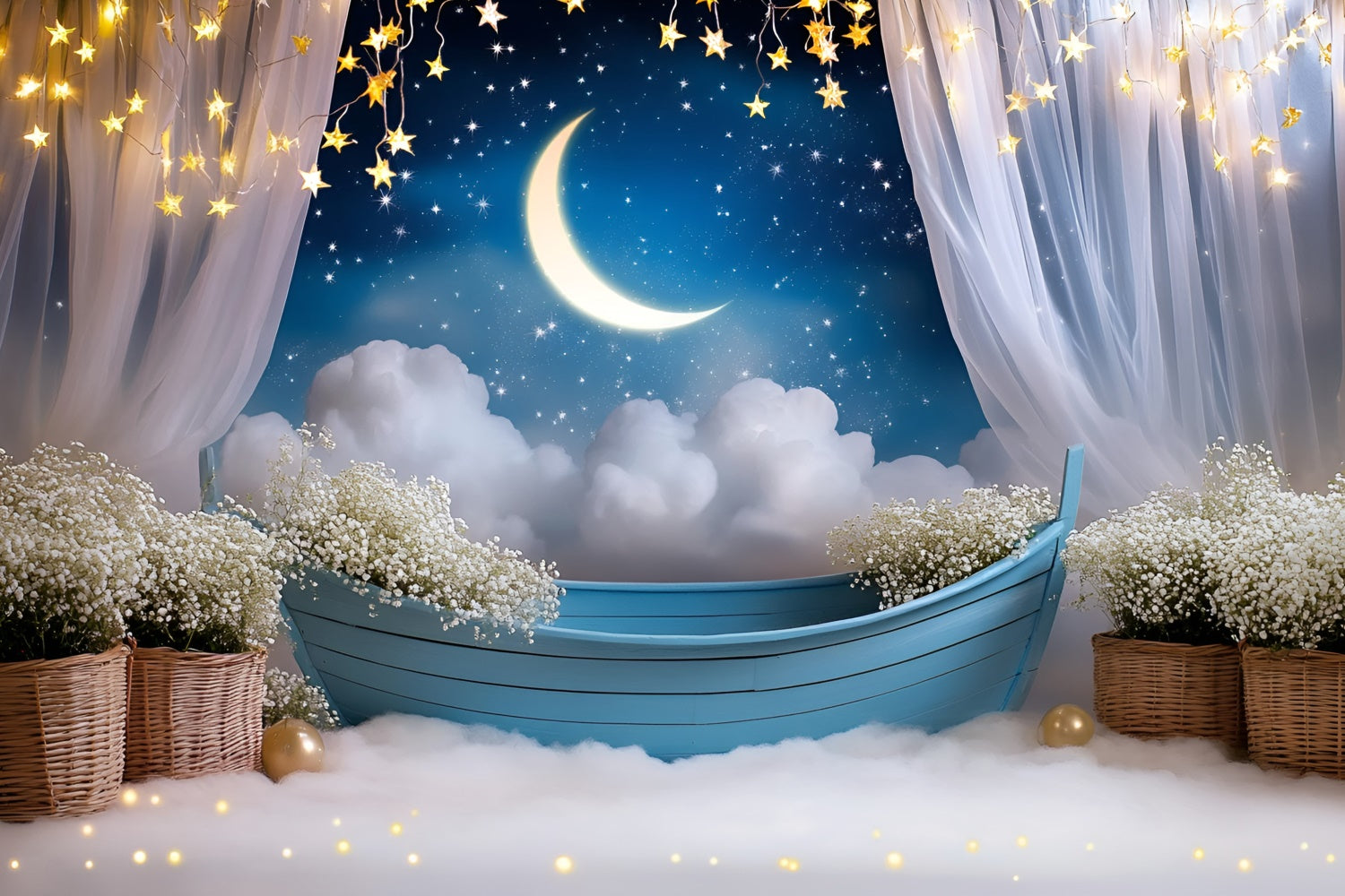Toile de fond Lune Étoiles Ciel Étoilé Fleurs Enfants GQ5-196