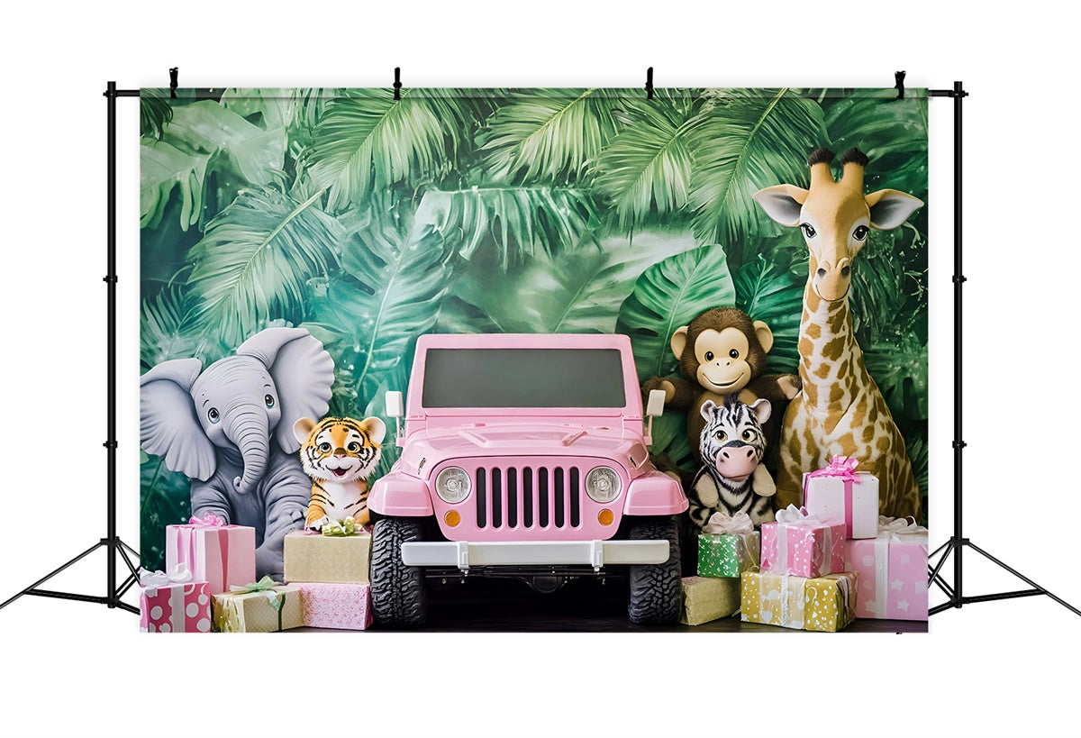 Toile de fond Enfants Safari Forêt Jeep Rose GQ5-206