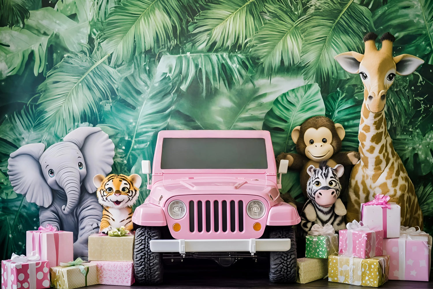 Toile de fond Enfants Safari Forêt Jeep Rose GQ5-206