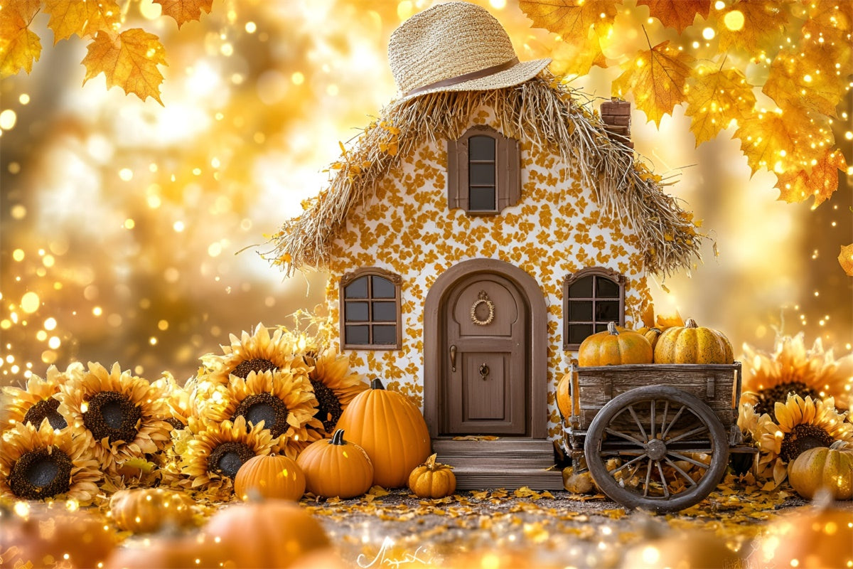 Toile de fond Automne Chalet Tournesol Chariot à Citrouilles GQ5-77