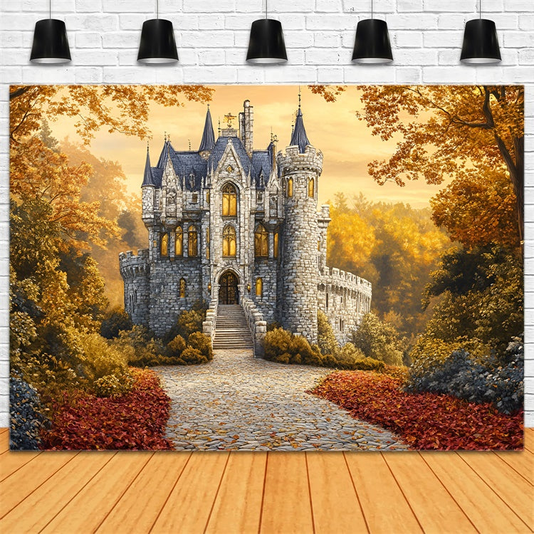 Toile de fond Photo Automne Forêt Sentier Château Enchanté GQ5-78