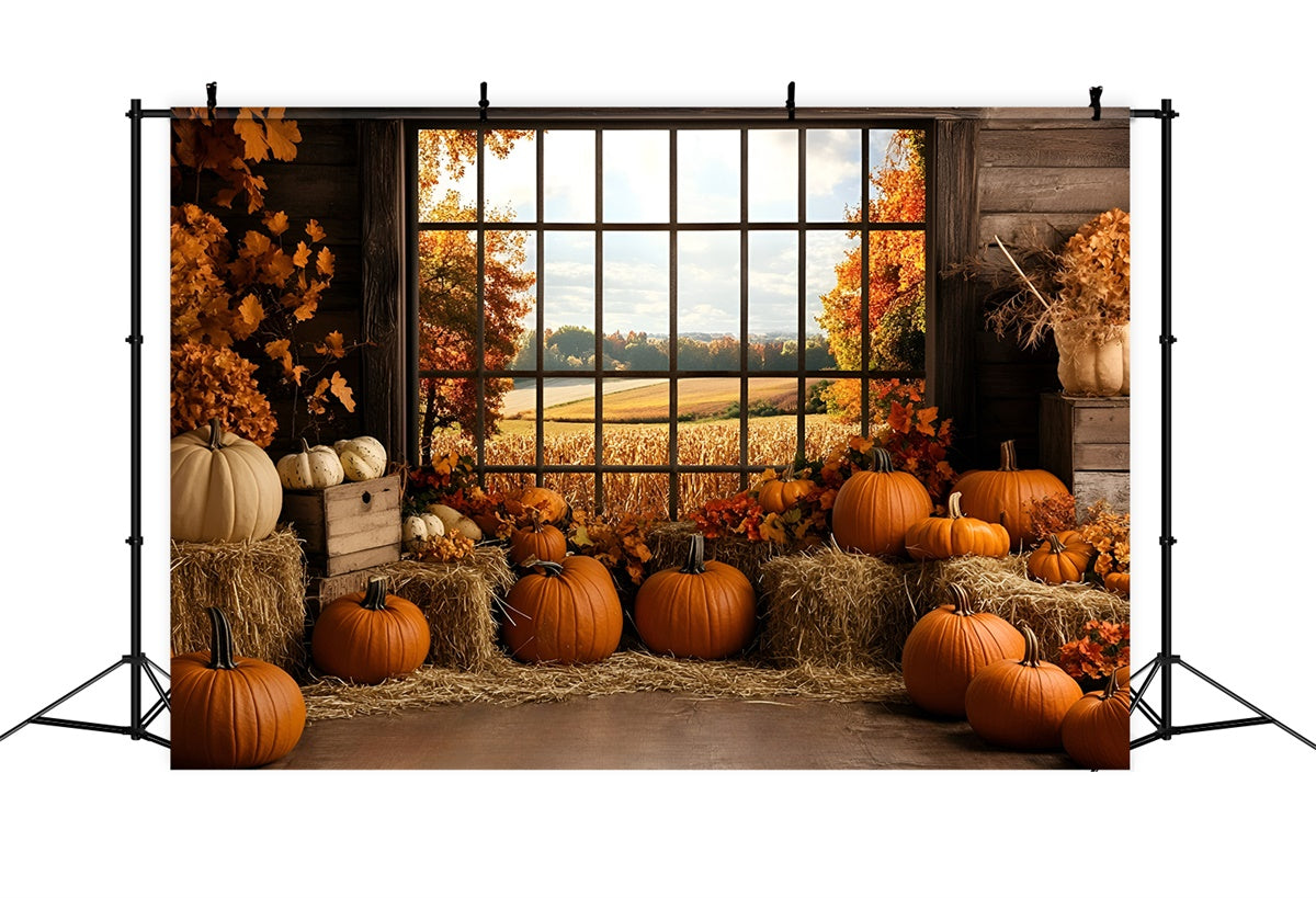 Toile de fond Automne Récolte de Citrouilles Fenêtre Rustique GQ5-80