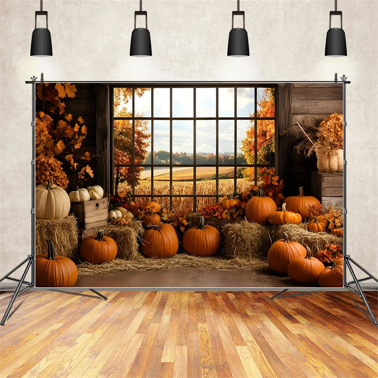 Toile de fond Automne Récolte de Citrouilles Fenêtre Rustique GQ5-80