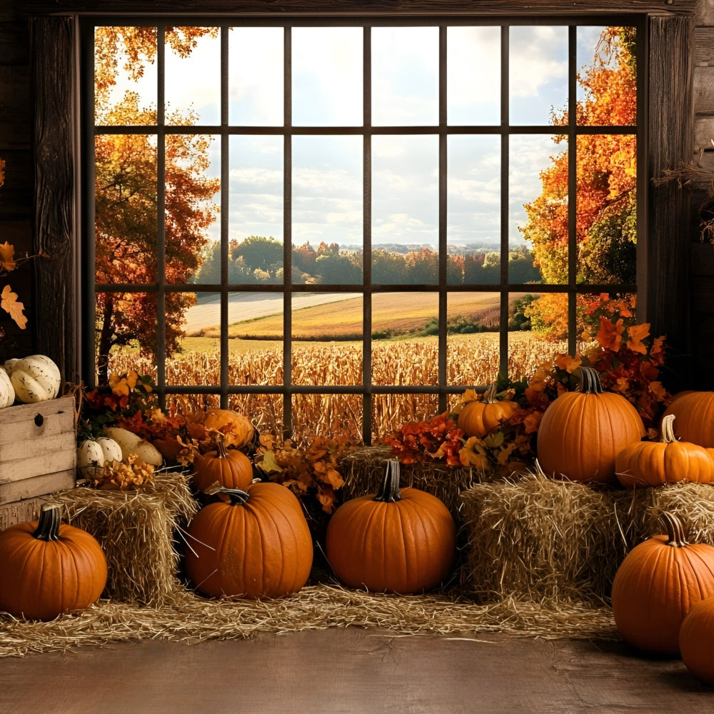 Toile de fond Automne Récolte de Citrouilles Fenêtre Rustique GQ5-80