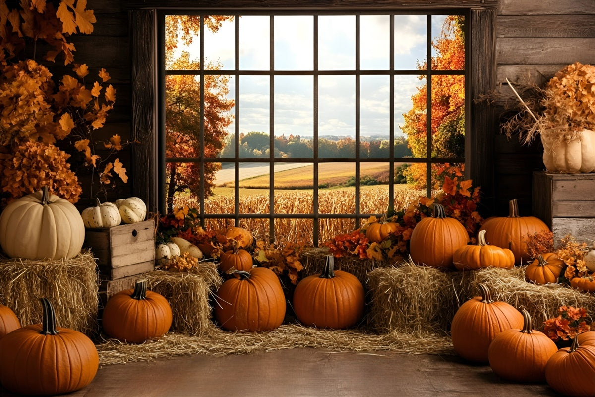 Toile de fond Automne Récolte de Citrouilles Fenêtre Rustique GQ5-80