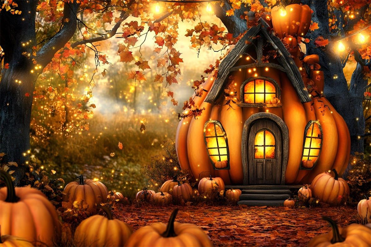 Toile de fond Photo Automne Forêt Cottage Enchanté Citrouille GQ5-82